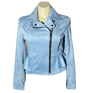 Savion Jacket Soft Suede 12 Baby Blue Crop Peplum Moto Asymmetric Zip Pocket LN